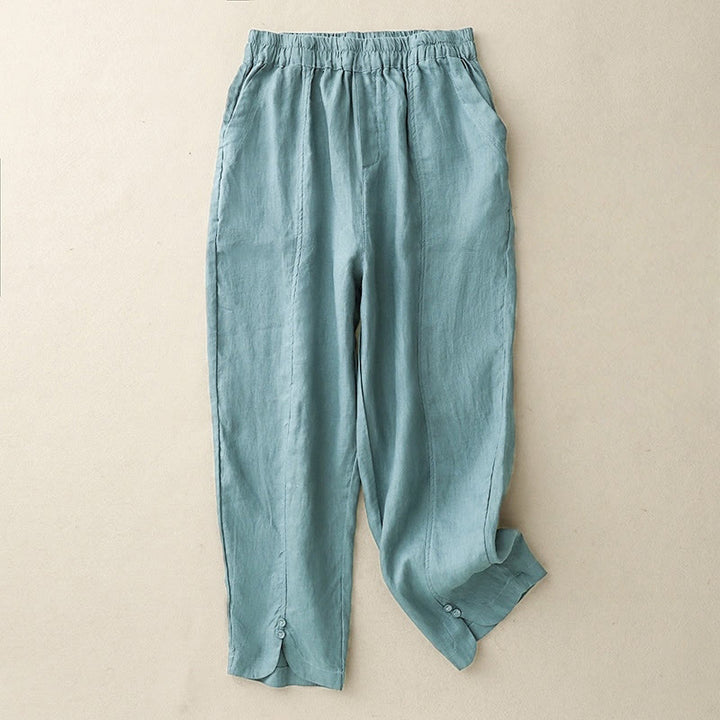 Pantaloni harem da donna in cotone e lino con tasche, modello Buddha Stones, tinta unita, estivi, con bottoni laterali - VerdeMare Chiaro - US8-10, UK/AU12-14, EU40-42 (2XL) - image 15