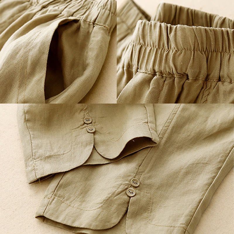 Pantaloni harem da donna in cotone e lino con tasche, modello Buddha Stones, tinta unita, estivi, con bottoni laterali - image 3