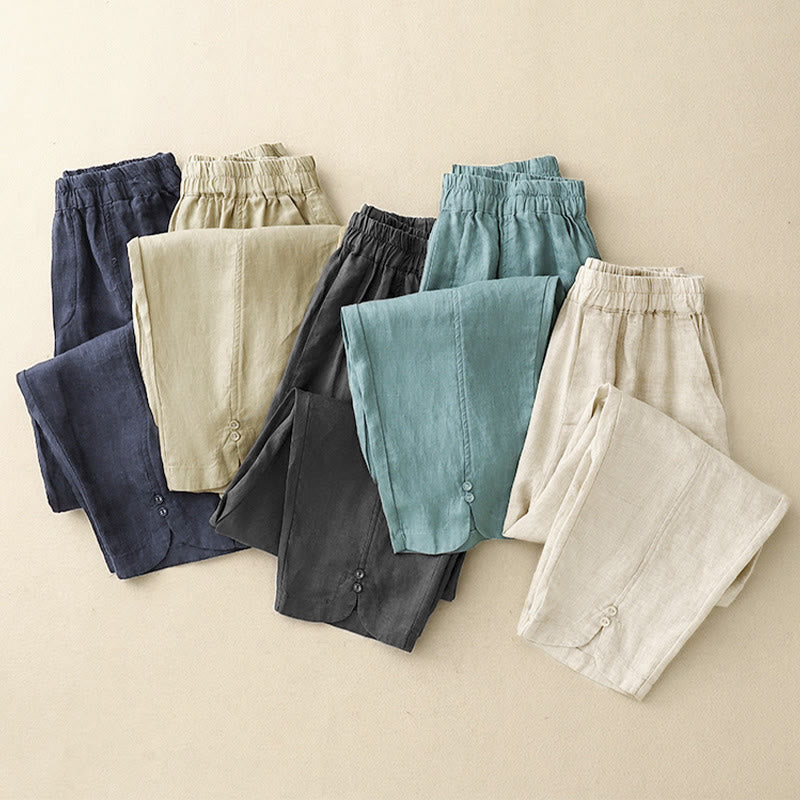 Pantaloni harem da donna in cotone e lino con tasche, modello Buddha Stones, tinta unita, estivi, con bottoni laterali - image 23