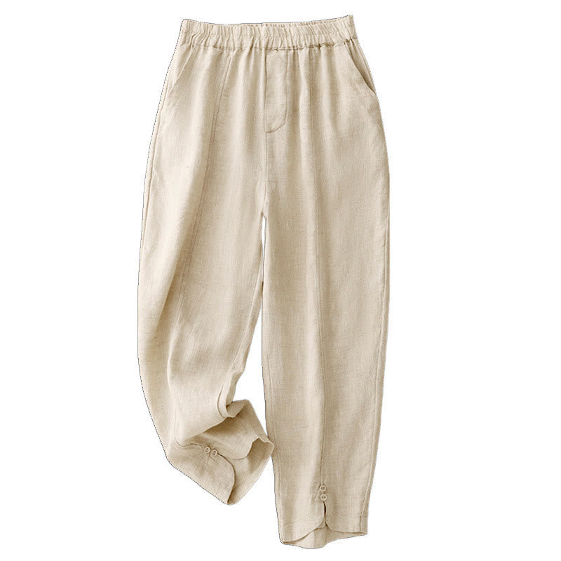 Pantaloni harem da donna in cotone e lino con tasche, modello Buddha Stones, tinta unita, estivi, con bottoni laterali - image 11