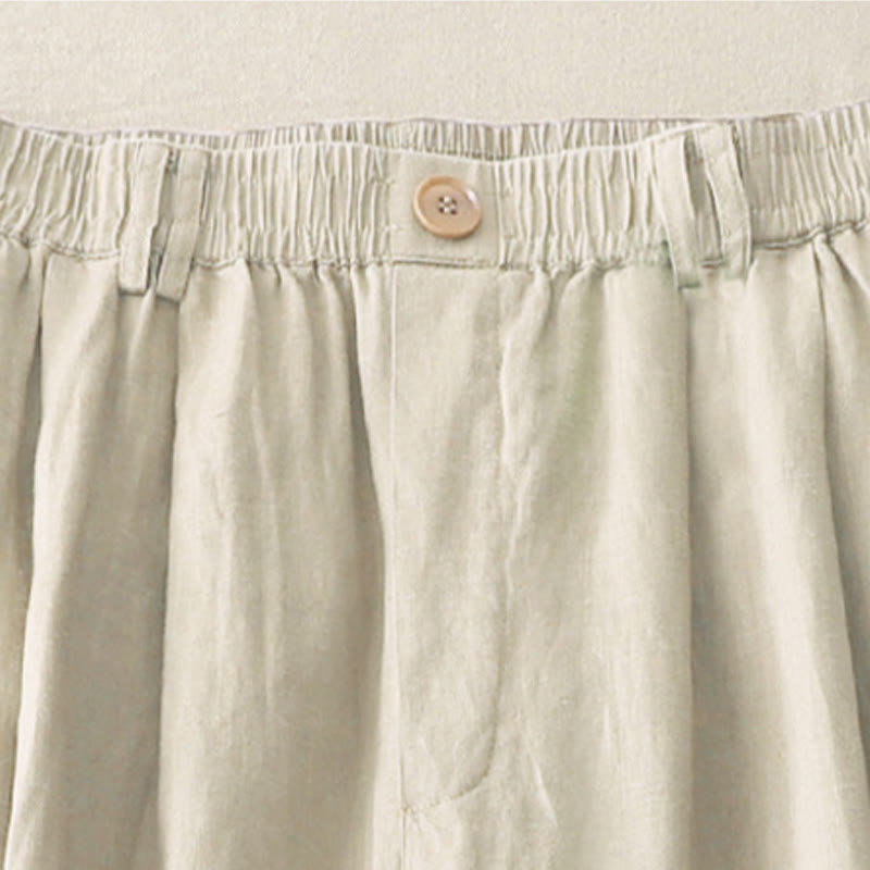 Pantaloni da donna in lino e cotone con gamba larga, tasche e design a pieghe vintage con polsini e tasche a tinta unita , Buddha Stones - image 3