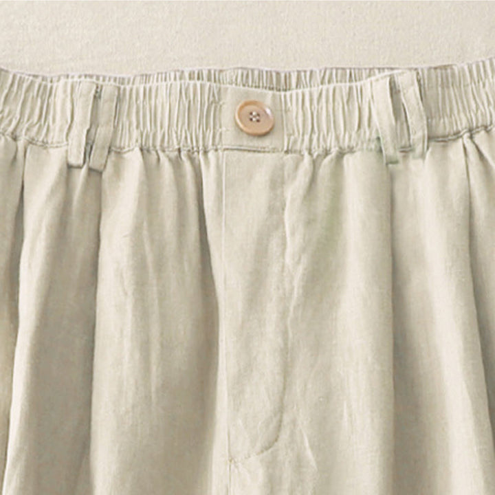 Pantaloni da donna in lino e cotone con gamba larga, tasche e design a pieghe vintage con polsini e tasche a tinta unita , Buddha Stones - image 3