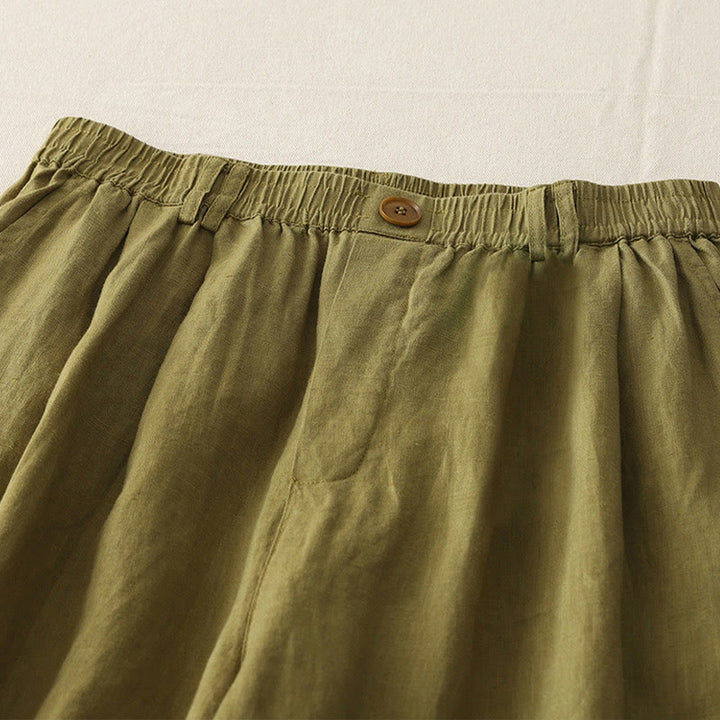 Pantaloni da donna in lino e cotone con gamba larga, tasche e design a pieghe vintage con polsini e tasche a tinta unita , Buddha Stones - image 9