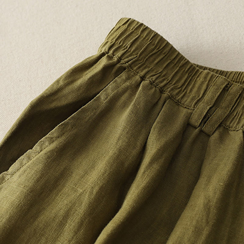 Pantaloni da donna in lino e cotone con gamba larga, tasche e design a pieghe vintage con polsini e tasche a tinta unita , Buddha Stones - image 11