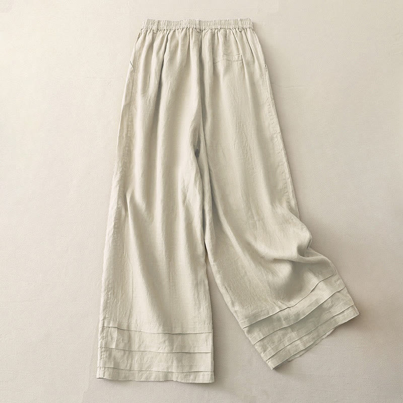 Pantaloni da donna in lino e cotone con gamba larga, tasche e design a pieghe vintage con polsini e tasche a tinta unita , Buddha Stones - image 1