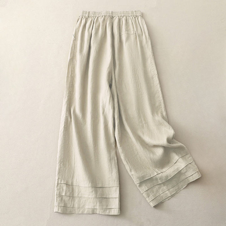 Pantaloni da donna in lino e cotone con gamba larga, tasche e design a pieghe vintage con polsini e tasche a tinta unita , Buddha Stones - image 1