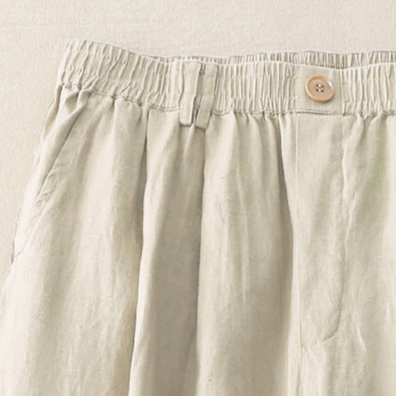 Pantaloni da donna in lino e cotone con gamba larga, tasche e design a pieghe vintage con polsini e tasche a tinta unita , Buddha Stones - image 2