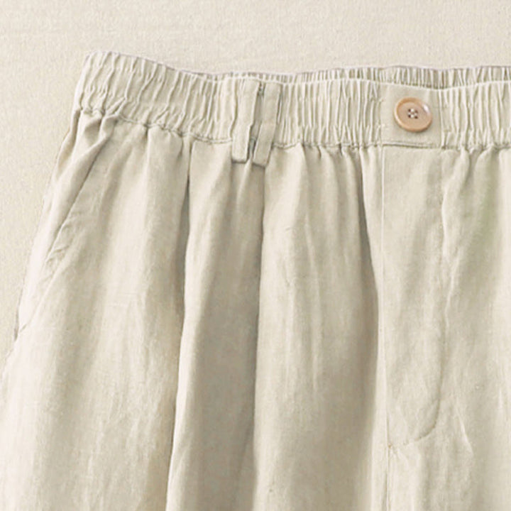 Pantaloni da donna in lino e cotone con gamba larga, tasche e design a pieghe vintage con polsini e tasche a tinta unita , Buddha Stones - image 2