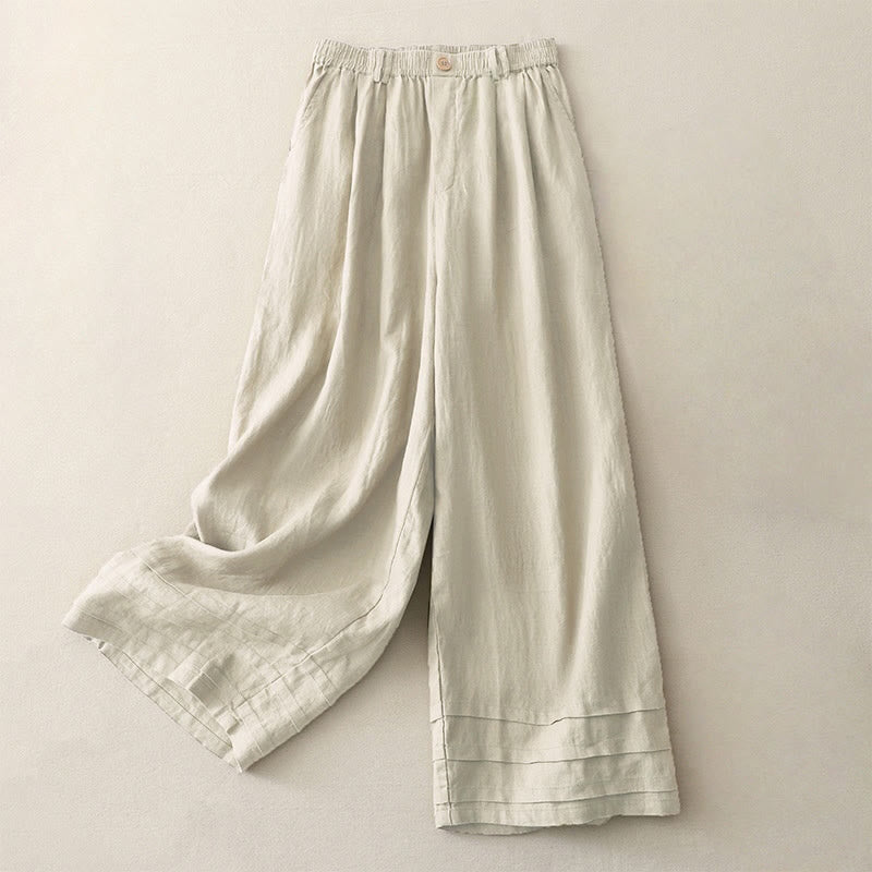 Pantaloni da donna in lino e cotone con gamba larga, tasche e design a pieghe vintage con polsini e tasche a tinta unita , Buddha Stones - Biancheria - US8-10, UK/AU12-14, EU40-42 (2XL) - image 0