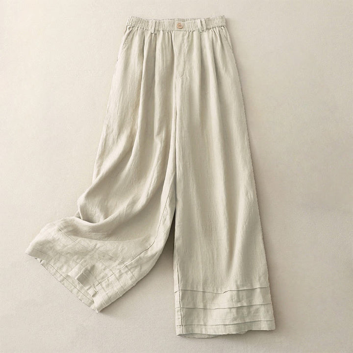 Pantaloni da donna in lino e cotone con gamba larga, tasche e design a pieghe vintage con polsini e tasche a tinta unita , Buddha Stones - Biancheria - US8-10, UK/AU12-14, EU40-42 (2XL) - image 0