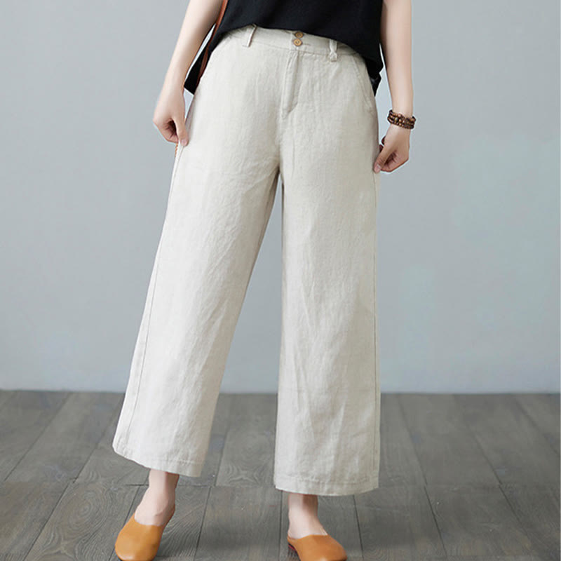 Pantaloni da donna in cotone e lino con tasche, modello Buddha Stones, tinta unita, patchwork, design semplice - image 1