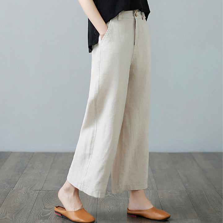 Pantaloni da donna in cotone e lino con tasche, modello Buddha Stones, tinta unita, patchwork, design semplice - image 4