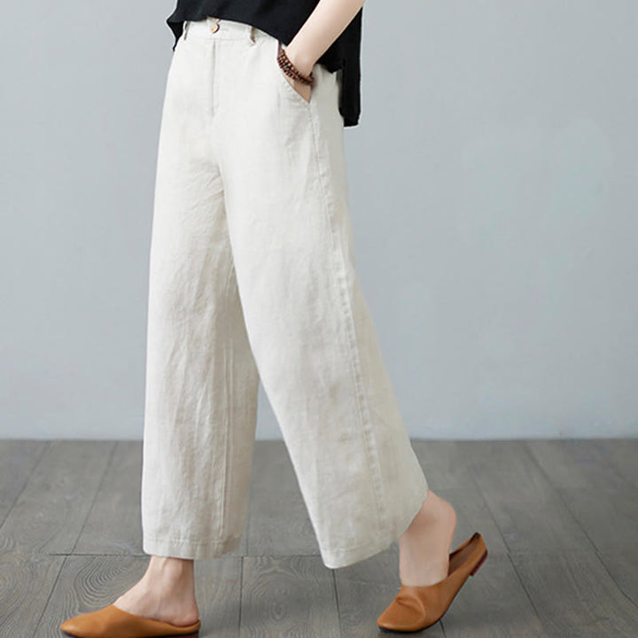 Pantaloni da donna in cotone e lino con tasche, modello Buddha Stones, tinta unita, patchwork, design semplice - image 3