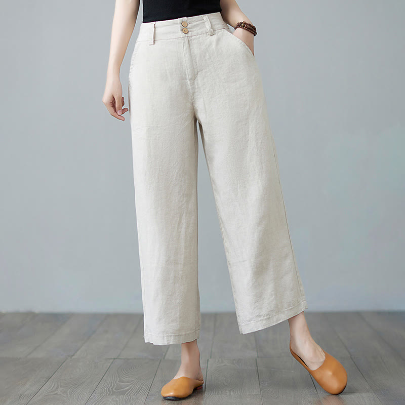 Pantaloni da donna in cotone e lino con tasche, modello Buddha Stones, tinta unita, patchwork, design semplice - Beige - US8-10, UK/AU12-14, EU40-42 (2XL) - image 0