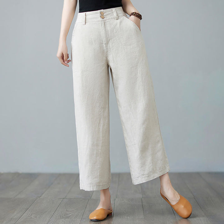Pantaloni da donna in cotone e lino con tasche, modello Buddha Stones, tinta unita, patchwork, design semplice - Beige - US8-10, UK/AU12-14, EU40-42 (2XL) - image 0