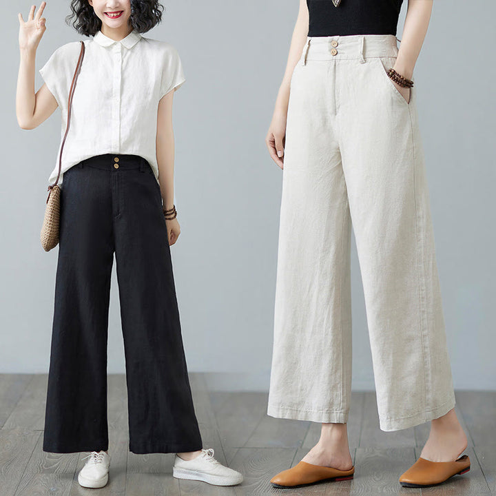 Pantaloni da donna in cotone e lino con tasche, modello Buddha Stones, tinta unita, patchwork, design semplice - image 28
