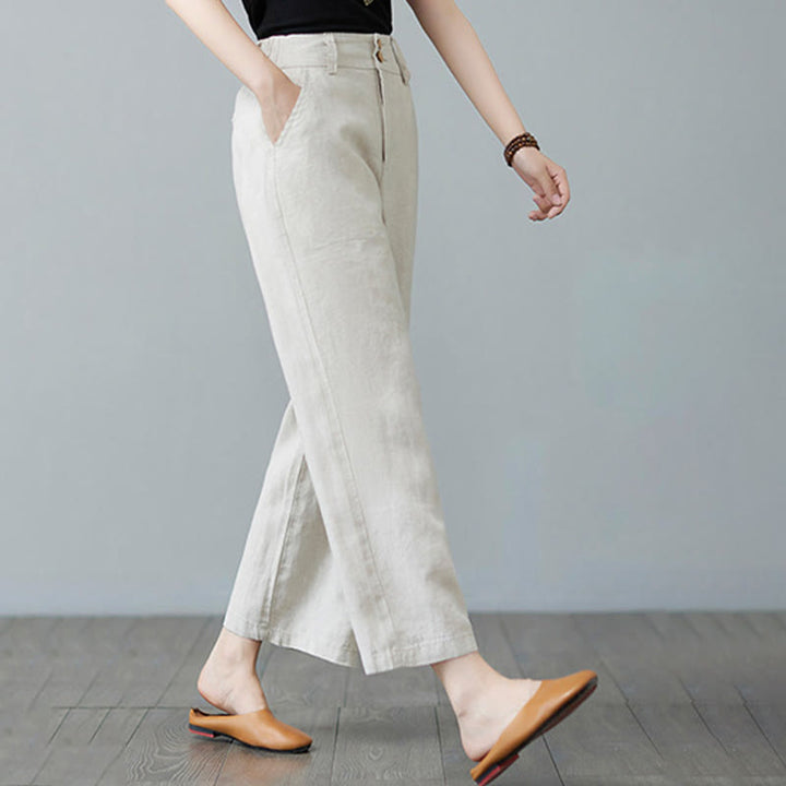 Pantaloni da donna in cotone e lino con tasche, modello Buddha Stones, tinta unita, patchwork, design semplice - image 7