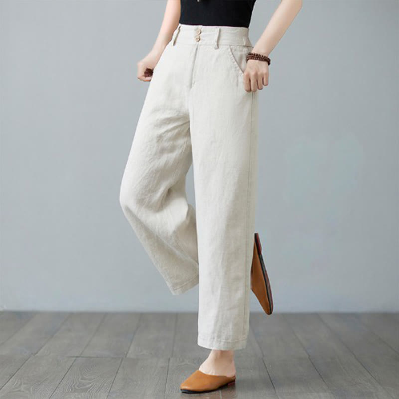 Pantaloni da donna in cotone e lino con tasche, modello Buddha Stones, tinta unita, patchwork, design semplice - image 5