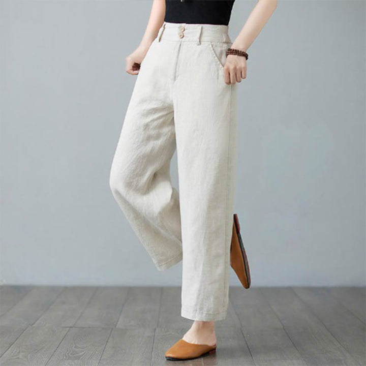 Pantaloni da donna in cotone e lino con tasche, modello Buddha Stones, tinta unita, patchwork, design semplice - image 5