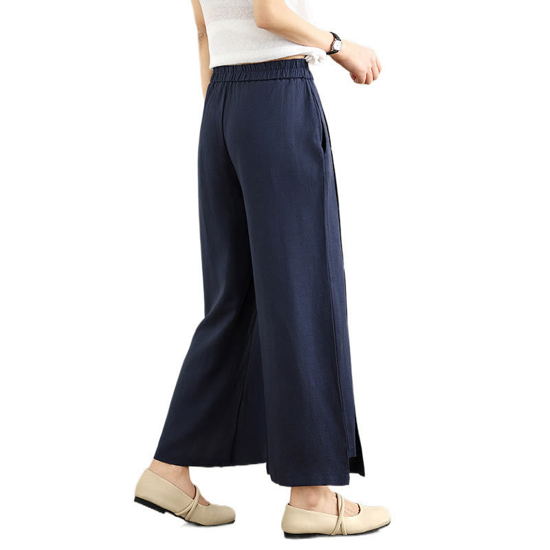 Pantaloni a gamba larga da donna in lino e cotone, con tasche, modello Buddha Stones, casual, primaverili, blu navy, linea semplice - image 9