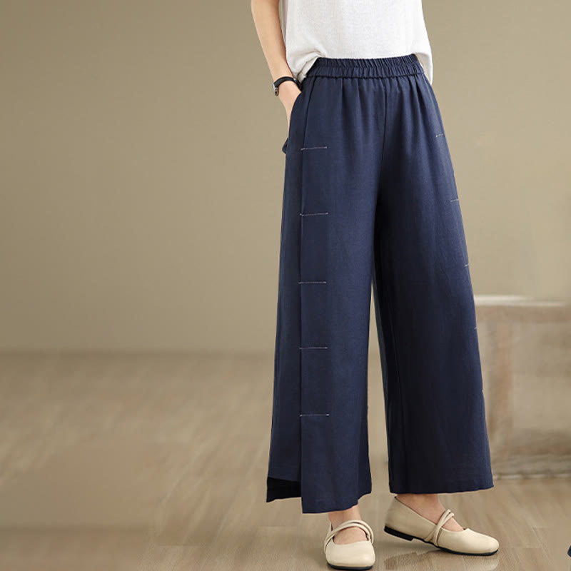 Pantaloni a gamba larga da donna in lino e cotone, con tasche, modello Buddha Stones, casual, primaverili, blu navy, linea semplice - image 2