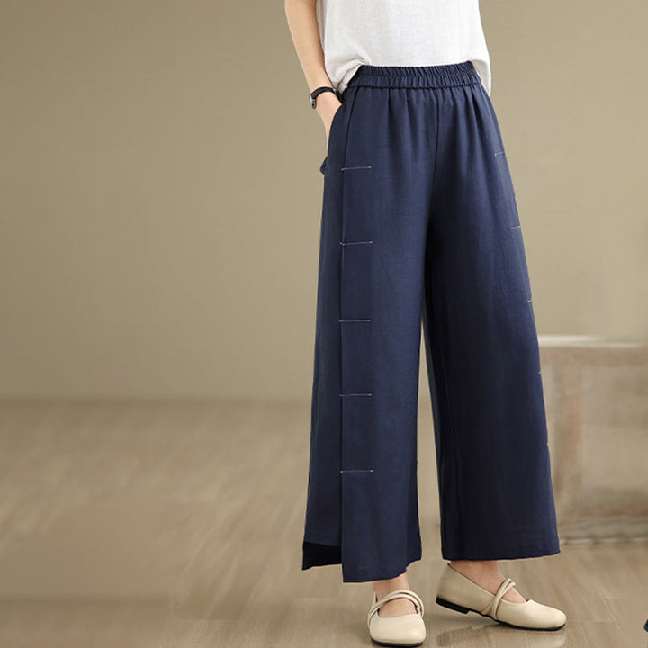 Pantaloni a gamba larga da donna in lino e cotone, con tasche, modello Buddha Stones, casual, primaverili, blu navy, linea semplice - image 2