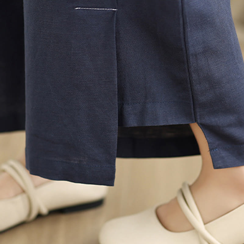 Pantaloni a gamba larga da donna in lino e cotone, con tasche, modello Buddha Stones, casual, primaverili, blu navy, linea semplice - image 8