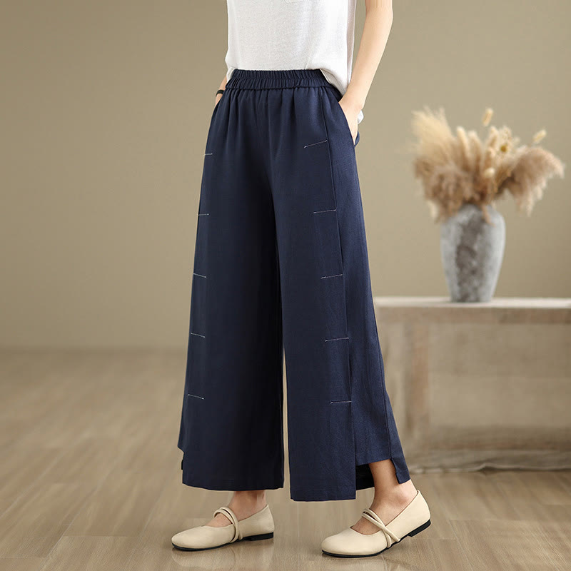 Pantaloni a gamba larga da donna in lino e cotone, con tasche, modello Buddha Stones, casual, primaverili, blu navy, linea semplice - Marina - US8-10, UK/AU12-14, EU40-42 (2XL) - image 0
