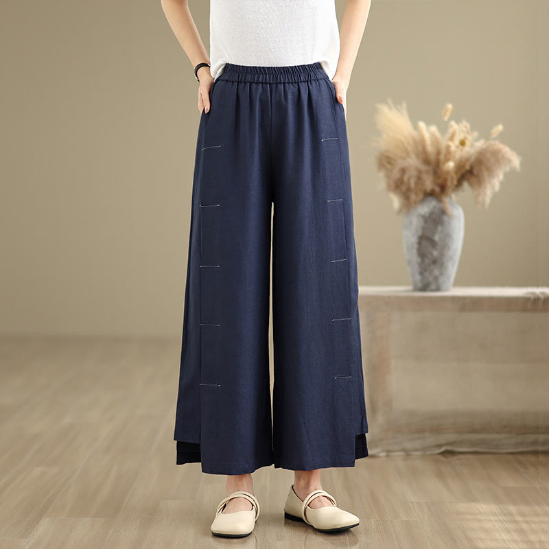 Pantaloni a gamba larga da donna in lino e cotone, con tasche, modello Buddha Stones, casual, primaverili, blu navy, linea semplice - image 1