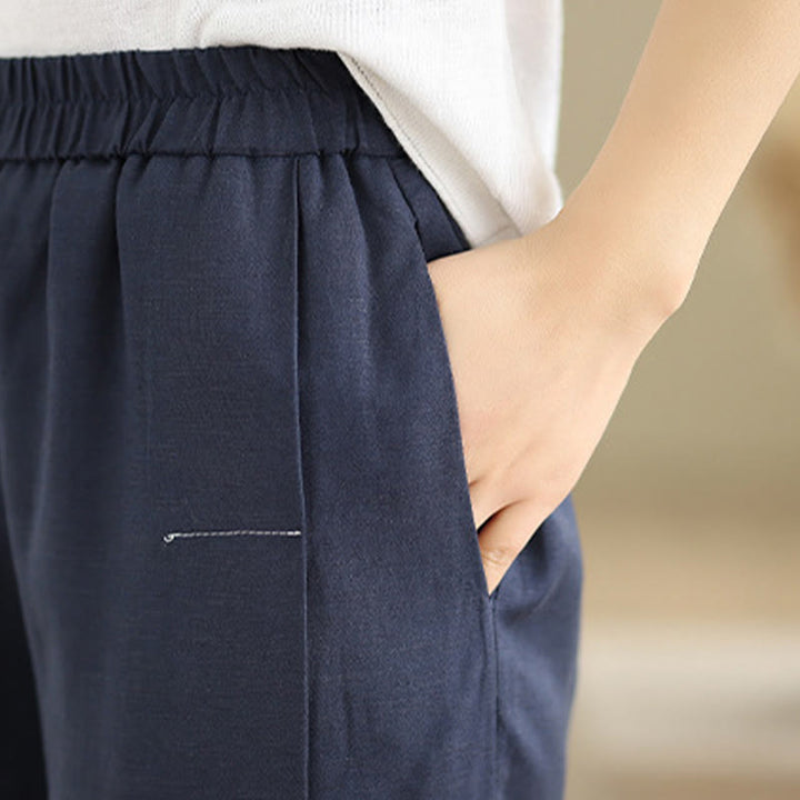 Pantaloni a gamba larga da donna in lino e cotone, con tasche, modello Buddha Stones, casual, primaverili, blu navy, linea semplice - image 6