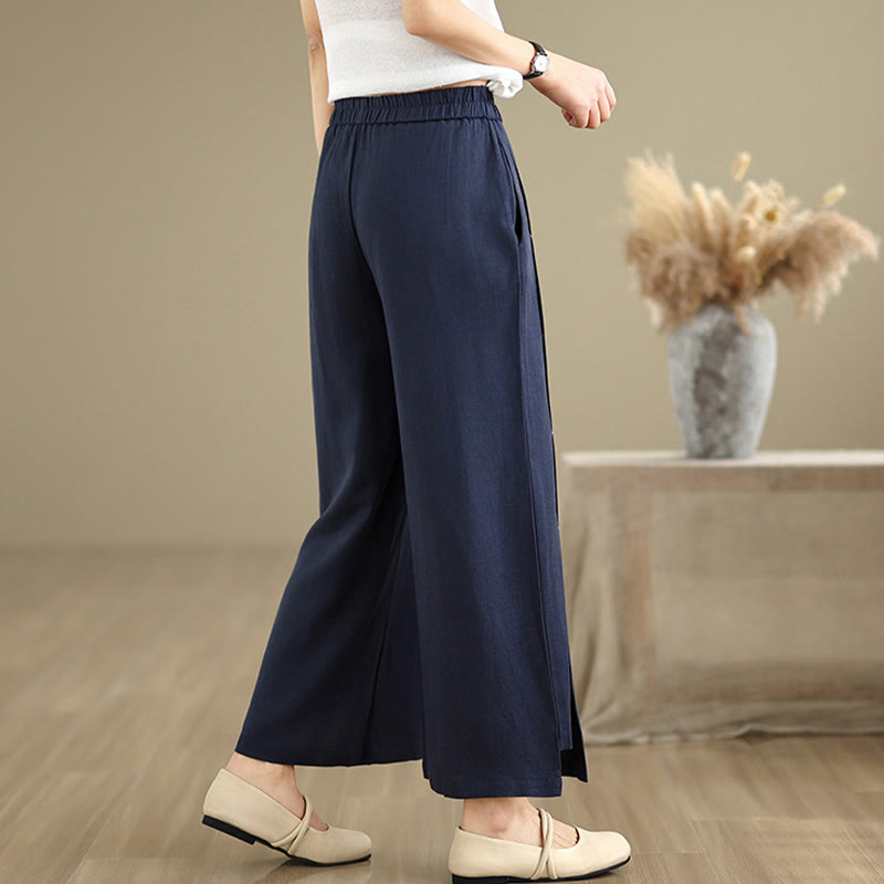 Pantaloni a gamba larga da donna in lino e cotone, con tasche, modello Buddha Stones, casual, primaverili, blu navy, linea semplice - image 5