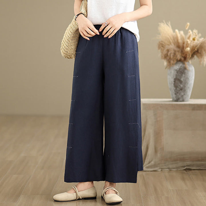 Pantaloni a gamba larga da donna in lino e cotone, con tasche, modello Buddha Stones, casual, primaverili, blu navy, linea semplice - image 3