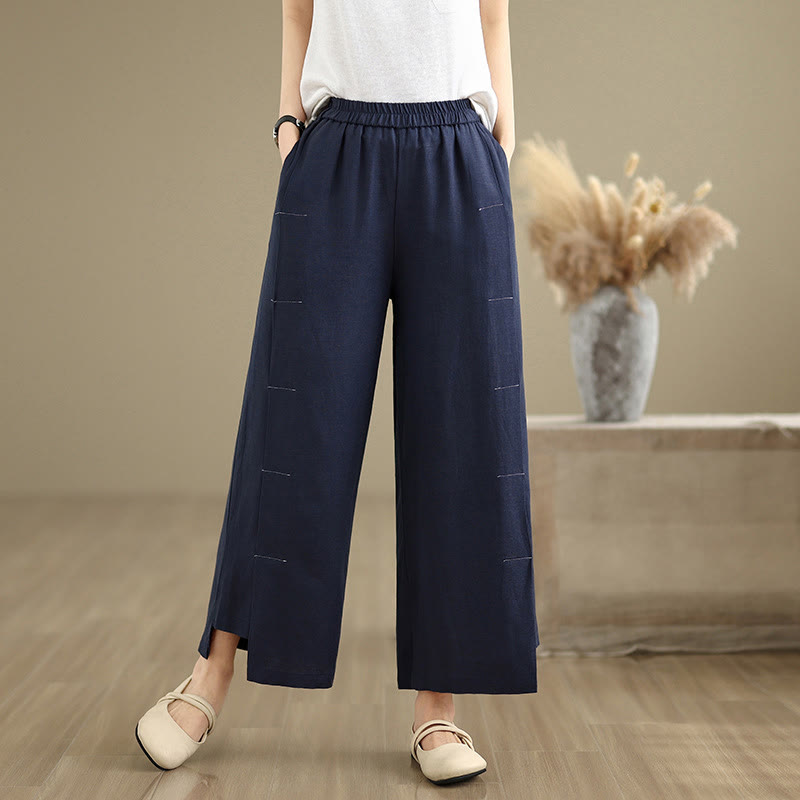 Pantaloni a gamba larga da donna in lino e cotone, con tasche, modello Buddha Stones, casual, primaverili, blu navy, linea semplice - image 4
