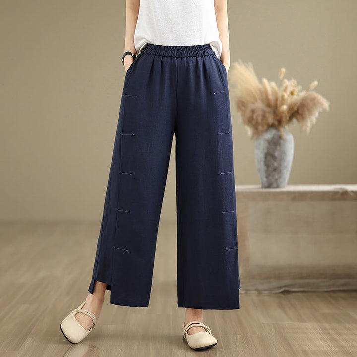 Pantaloni a gamba larga da donna in lino e cotone, con tasche, modello Buddha Stones, casual, primaverili, blu navy, linea semplice - image 4