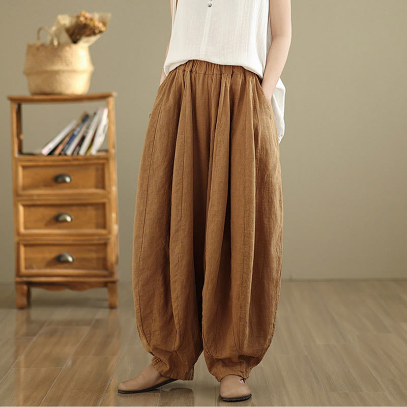 Pantaloni a gamba larga da donna in cotone e lino con tasche, motivo lanterna patchwork vintage Buddha Stones - image 4
