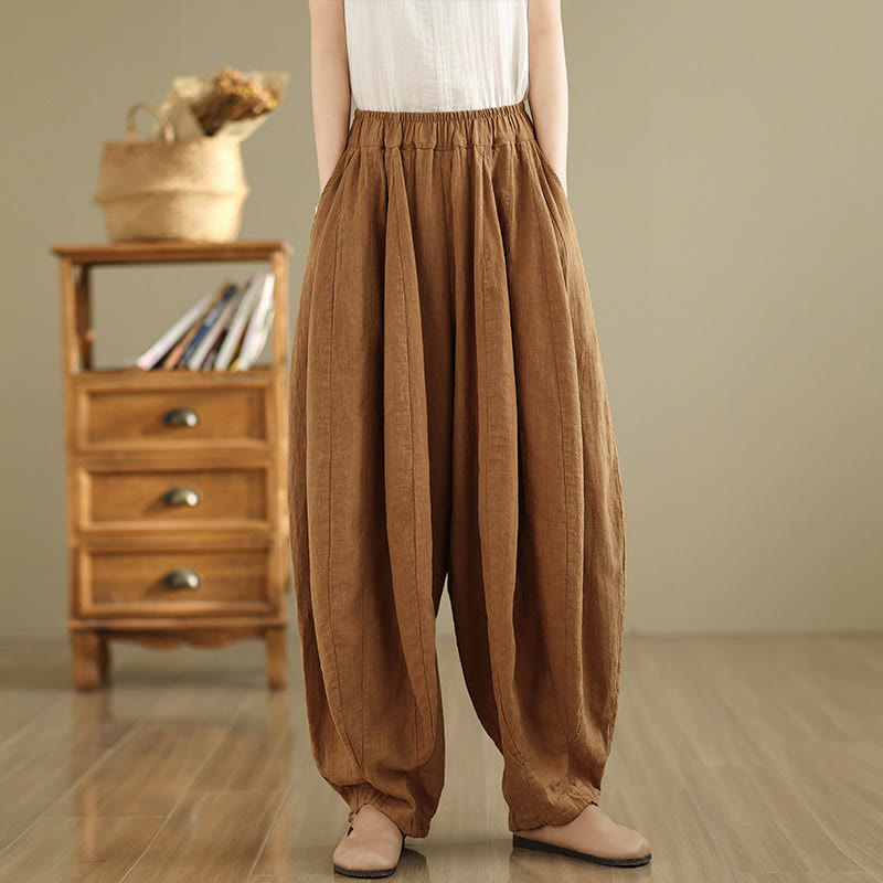 Pantaloni a gamba larga da donna in cotone e lino con tasche, motivo lanterna patchwork vintage Buddha Stones - image 2
