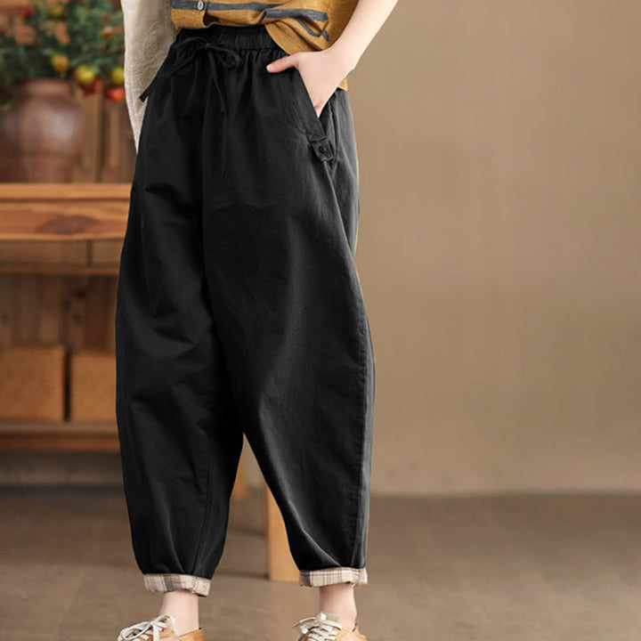 Pantaloni harem da donna in cotone con tasche, modello casual, modello Buddha Stones, con polsini toppati e tasche laterali