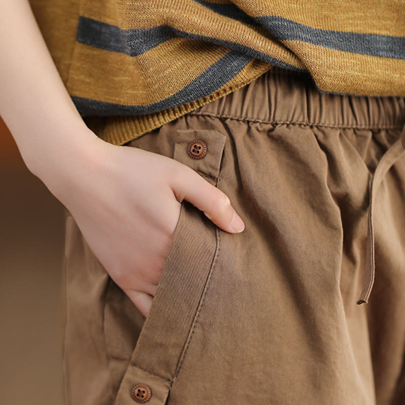 Pantaloni harem da donna in cotone con tasche, modello casual, modello Buddha Stones, con polsini toppati e tasche laterali