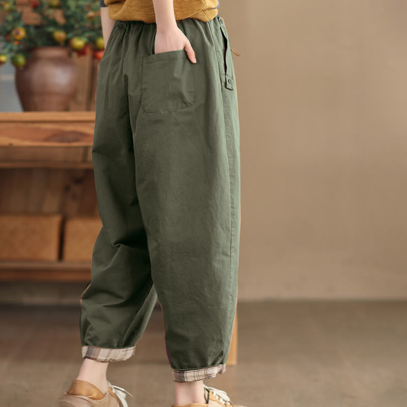 Pantaloni harem da donna in cotone con tasche, modello casual, modello Buddha Stones, con polsini toppati e tasche laterali
