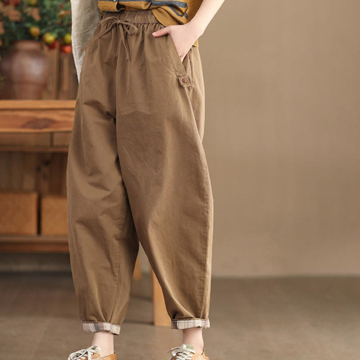 Pantaloni harem da donna in cotone con tasche, modello casual, modello Buddha Stones, con polsini toppati e tasche laterali