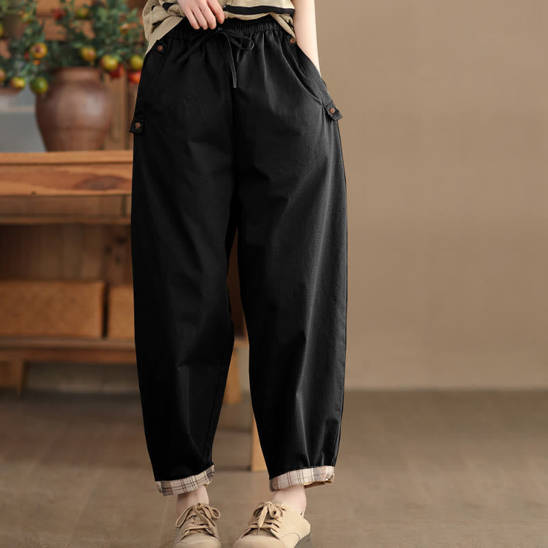 Pantaloni harem da donna in cotone con tasche, modello casual, modello Buddha Stones, con polsini toppati e tasche laterali