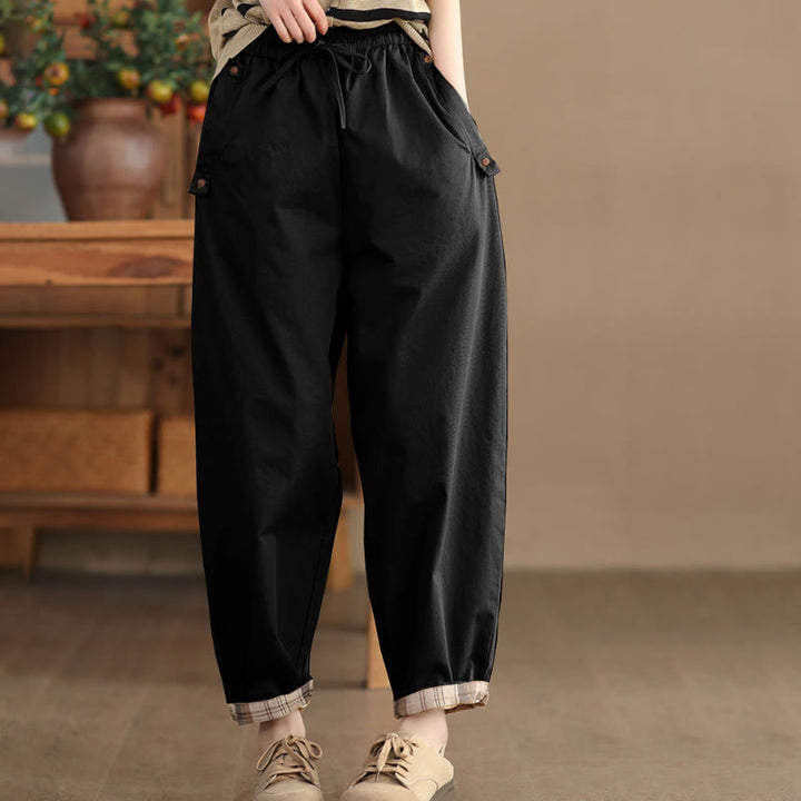 Pantaloni harem da donna in cotone con tasche, modello casual, modello Buddha Stones, con polsini toppati e tasche laterali