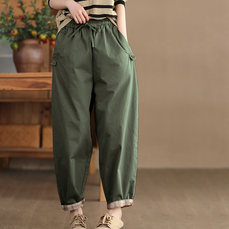 Pantaloni harem da donna in cotone con tasche, modello casual, modello Buddha Stones, con polsini toppati e tasche laterali