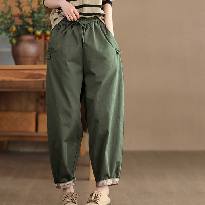 Pantaloni harem da donna in cotone con tasche, modello casual, modello Buddha Stones, con polsini toppati e tasche laterali