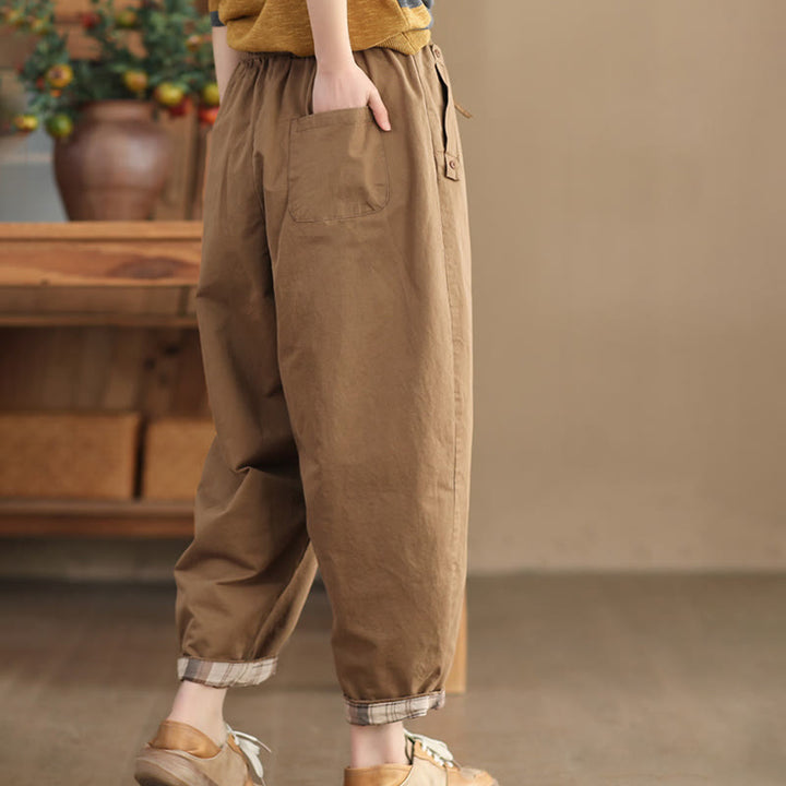 Pantaloni harem da donna in cotone con tasche, modello casual, modello Buddha Stones, con polsini toppati e tasche laterali
