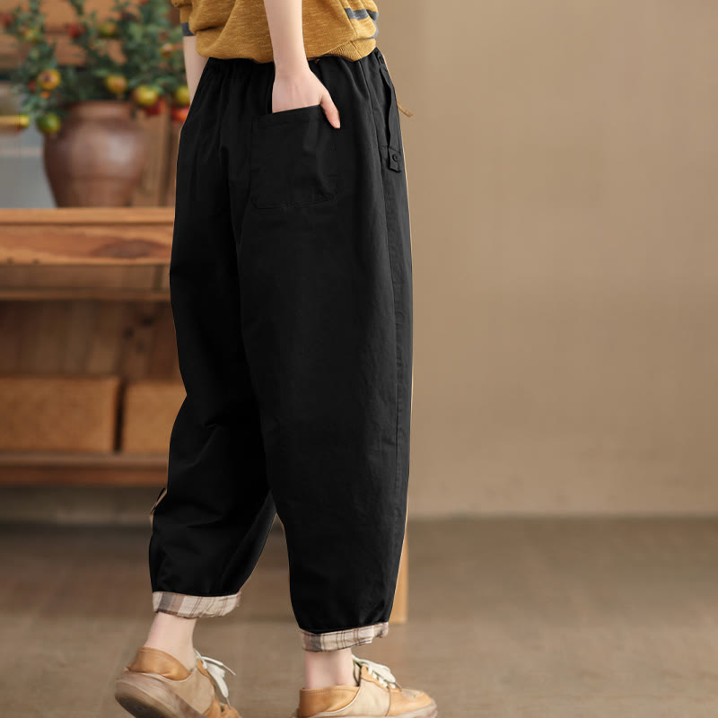 Pantaloni harem da donna in cotone con tasche, modello casual, modello Buddha Stones, con polsini toppati e tasche laterali