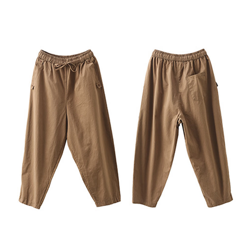 Pantaloni harem da donna in cotone con tasche, modello casual, modello Buddha Stones, con polsini toppati e tasche laterali