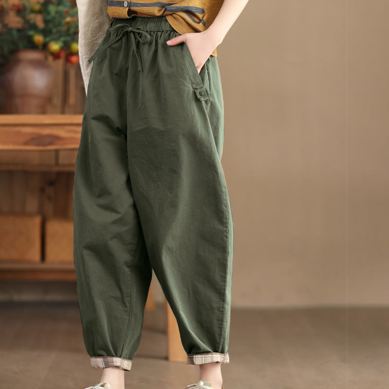 Pantaloni harem da donna in cotone con tasche, modello casual, modello Buddha Stones, con polsini toppati e tasche laterali