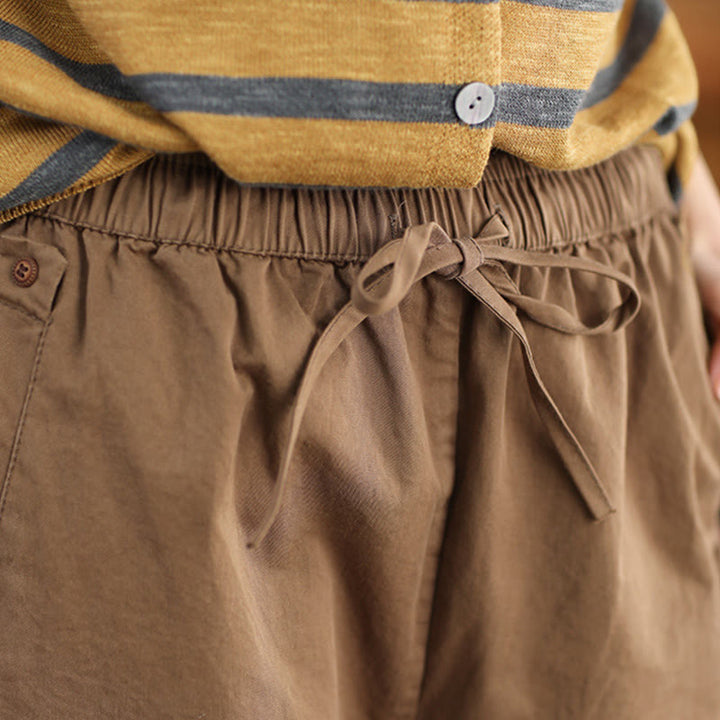 Pantaloni harem da donna in cotone con tasche, modello casual, modello Buddha Stones, con polsini toppati e tasche laterali