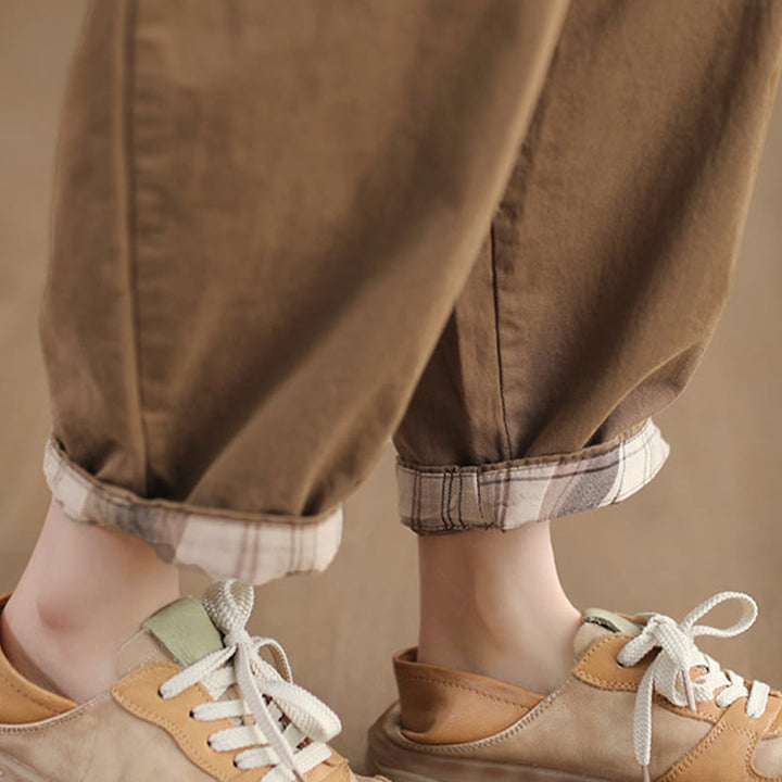 Pantaloni harem da donna in cotone con tasche, modello casual, modello Buddha Stones, con polsini toppati e tasche laterali